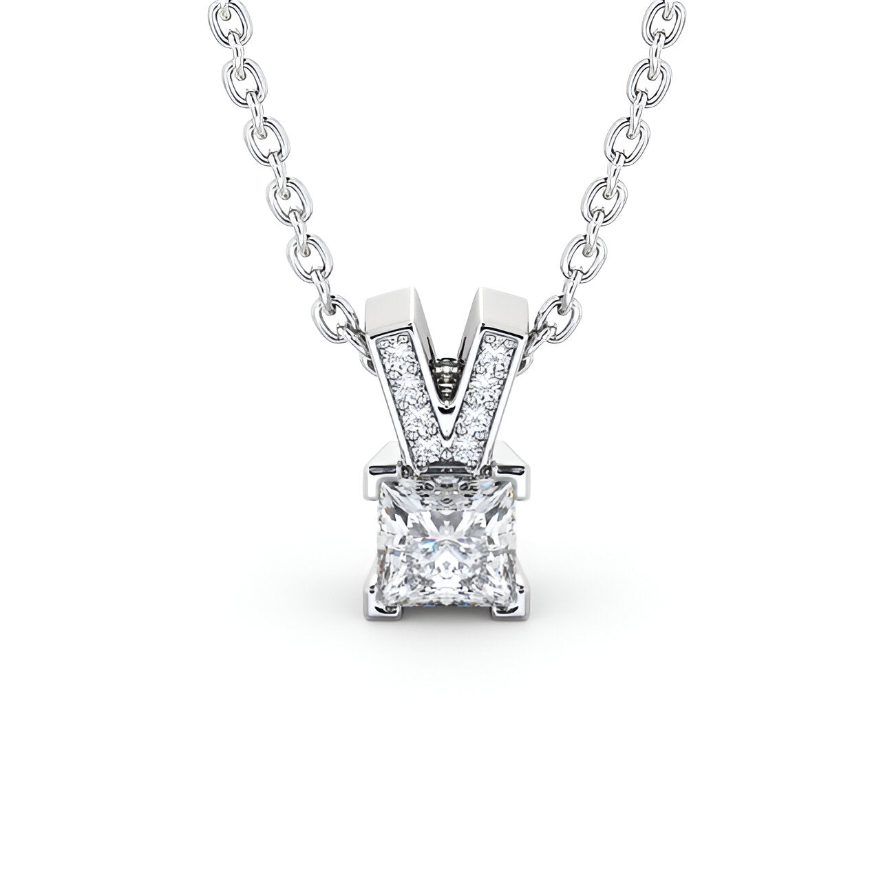14K White Gold 0.50 Ct Lab-Grown Princess Solitaire Four Claw Diamond Pendant
